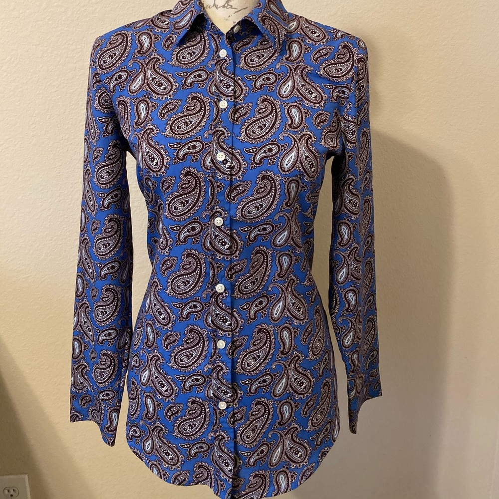 Paisley blue and maroon printed blouse.